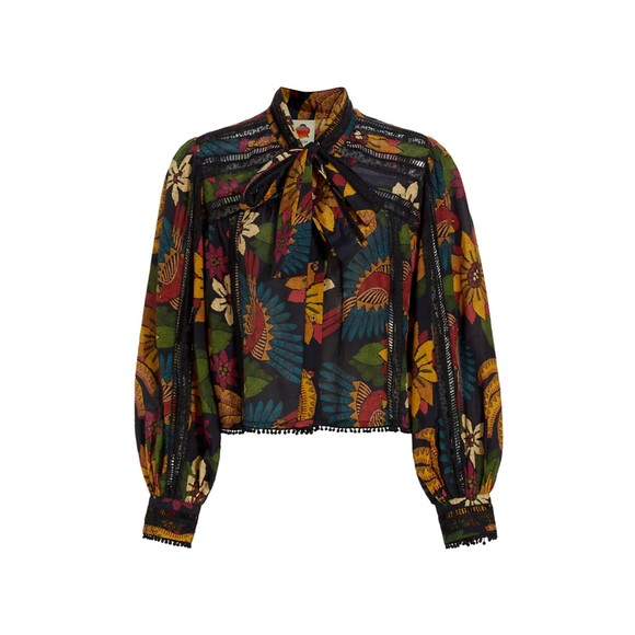 Farm Rio Macaw Ballet Blouse XL Ladder-Stitch Neck-Tie Floral Tropical Print - Picture 6 of 7